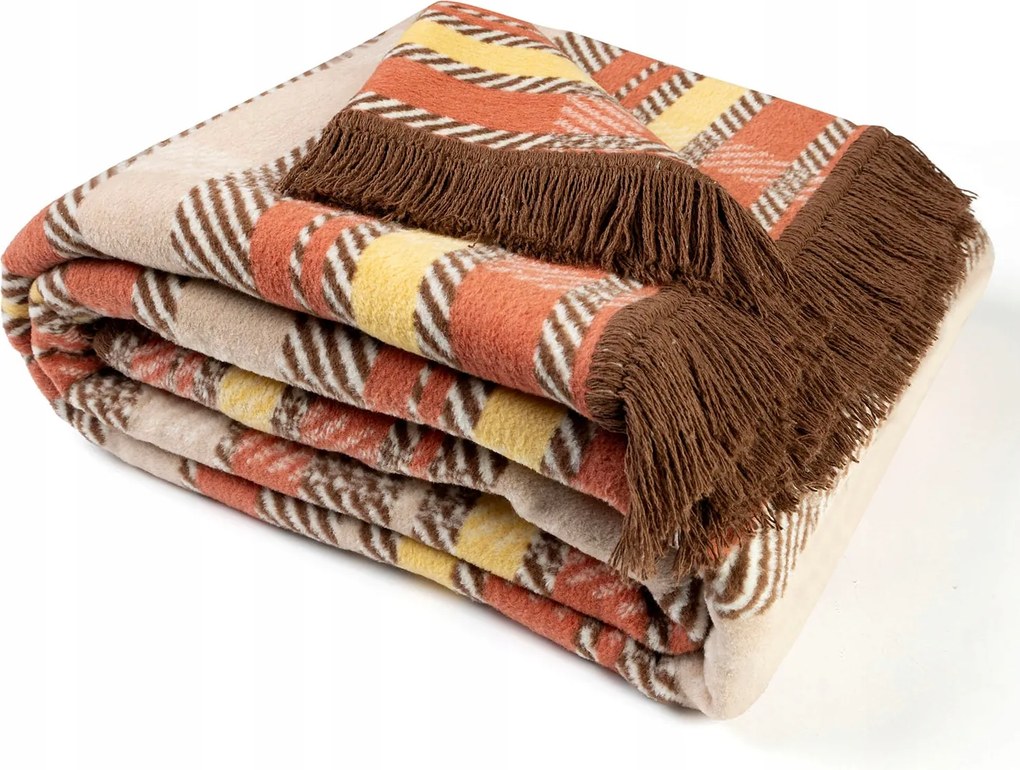 Pamut-akril takaró 150x200 barna krémszínű tégla rojtokkal kockás