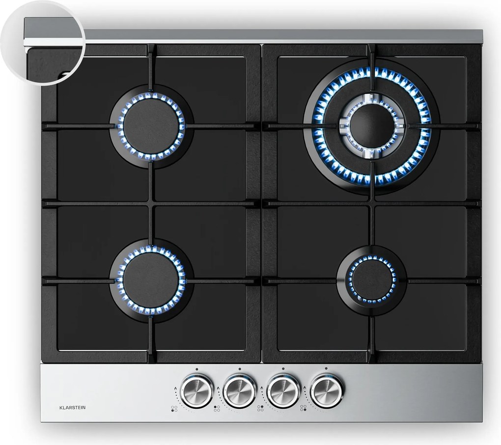 Klarstein Verosteel gázfőzőlap, 4 égős, elektromos gyújtás, földgázzal és LPG-vel kompatibilis, 8000 W, 60cm