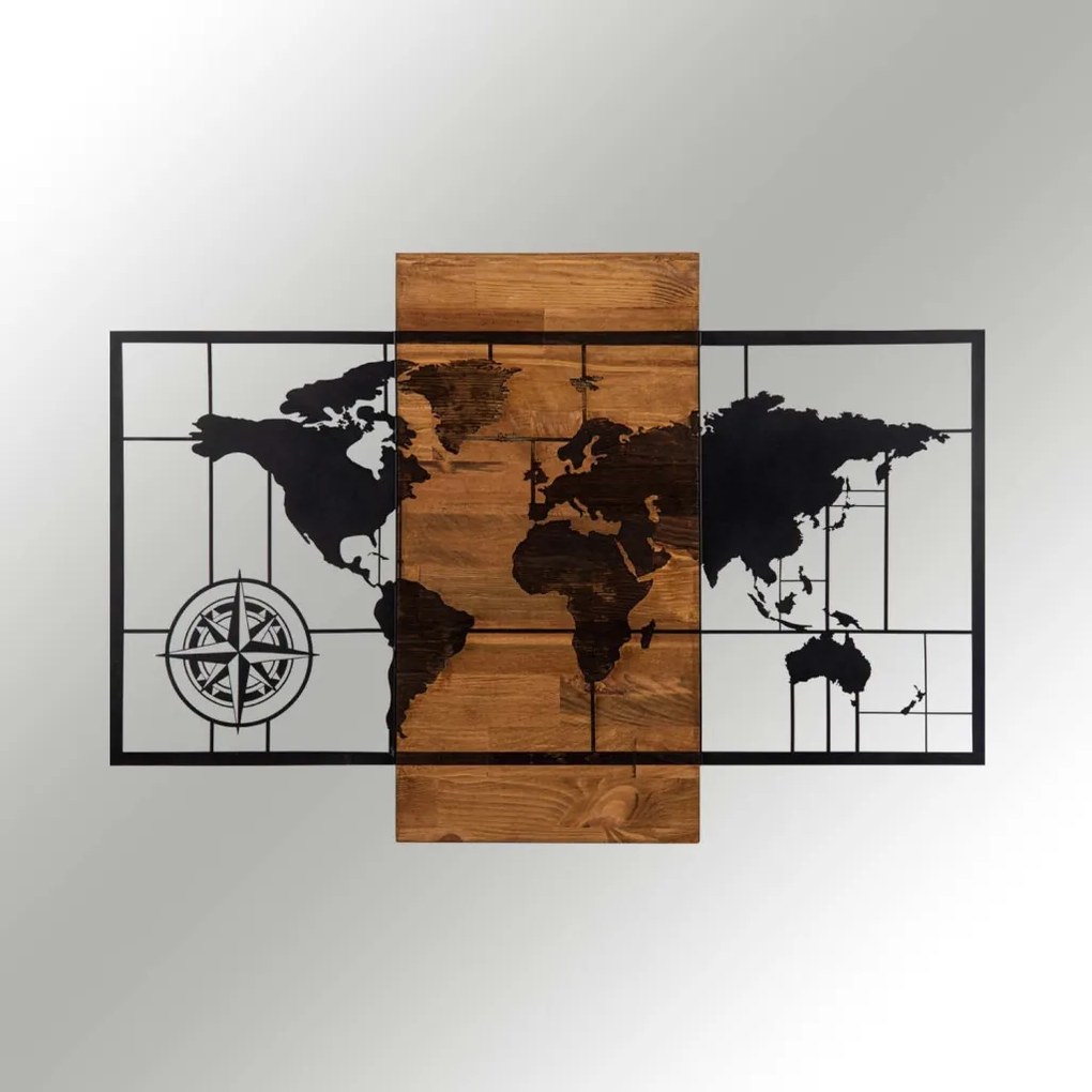 World Map With Compass fa-fém világtérkép faldekoráció