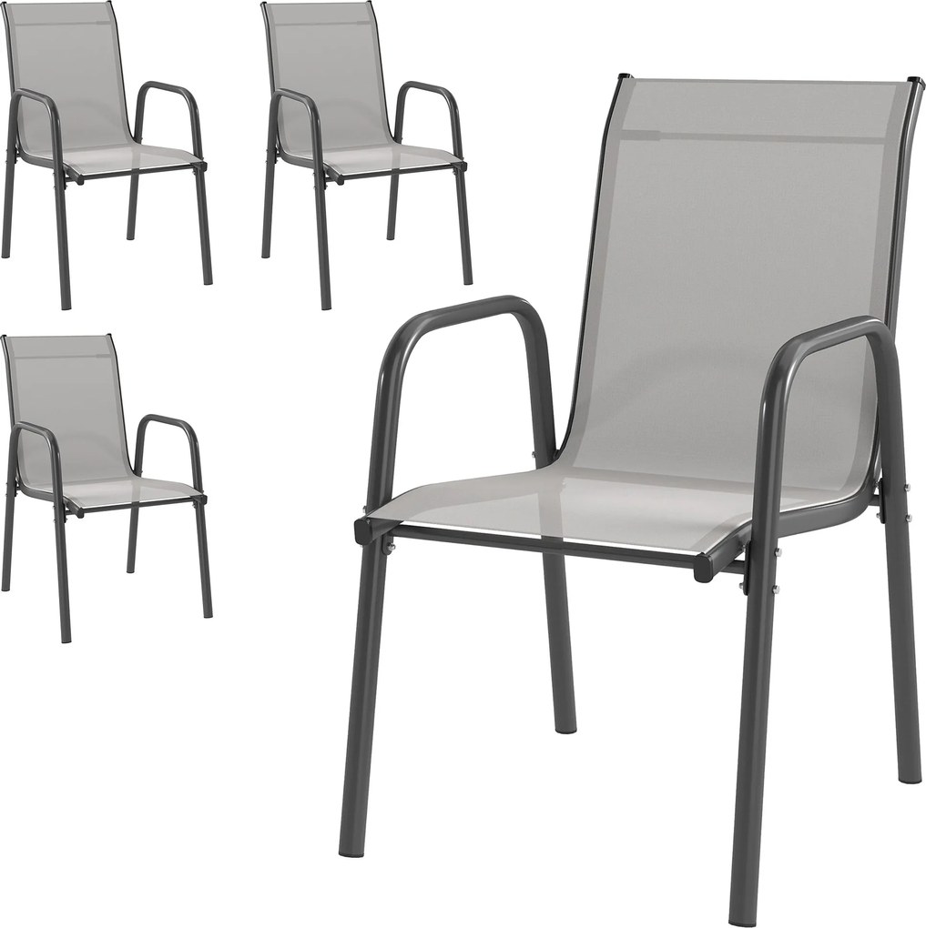 Outsunny 4 darab kerti szék — egymásra rakható terasz-/erkélyszék szellőző háttámlával, karfákkal, időjárásálló, 120 kg teherbírás — 51 x 69 x 87 cm |