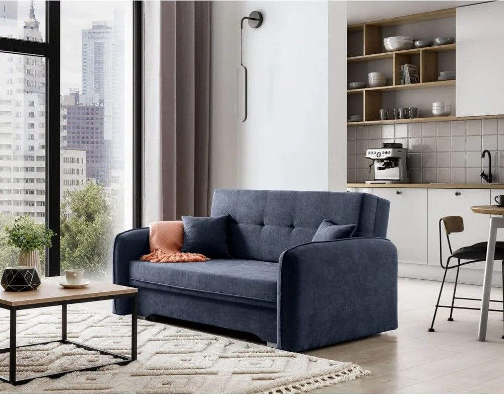 Sötétkék zsenília kinyitható-tárolóhelyes kanapé 155 cm Laine – ELTAP