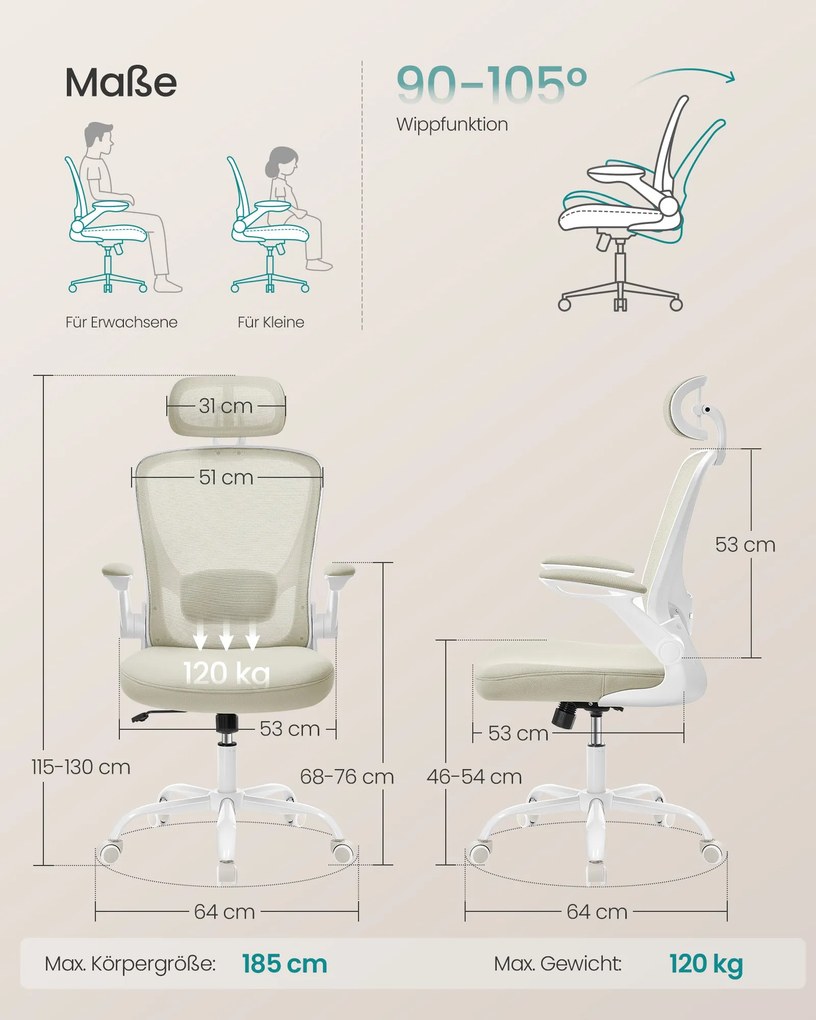 SONGMICS ergonomikus irodai szék, felhajtható kartámasz, cappuccino bézs