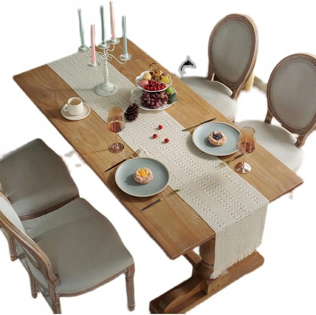 Boho asztalra szerelhető natúr horgolt pad rojtokkal bézs 32x180 Bézs