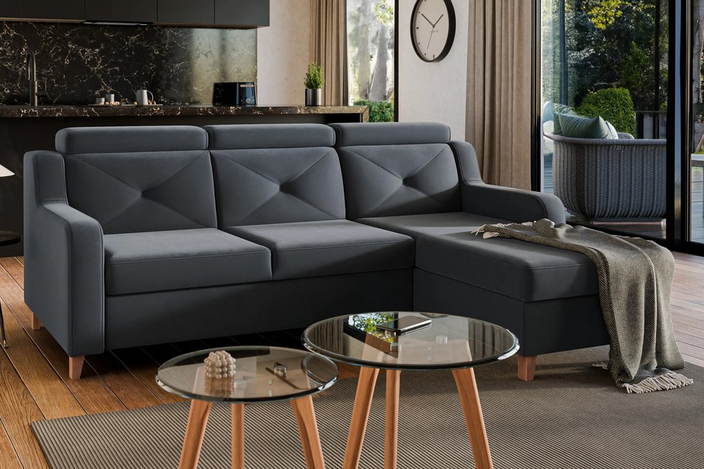 Laksaro sarokkanapé ágyfunkcióval jobb oldali - szürke bársony Jasmine 96