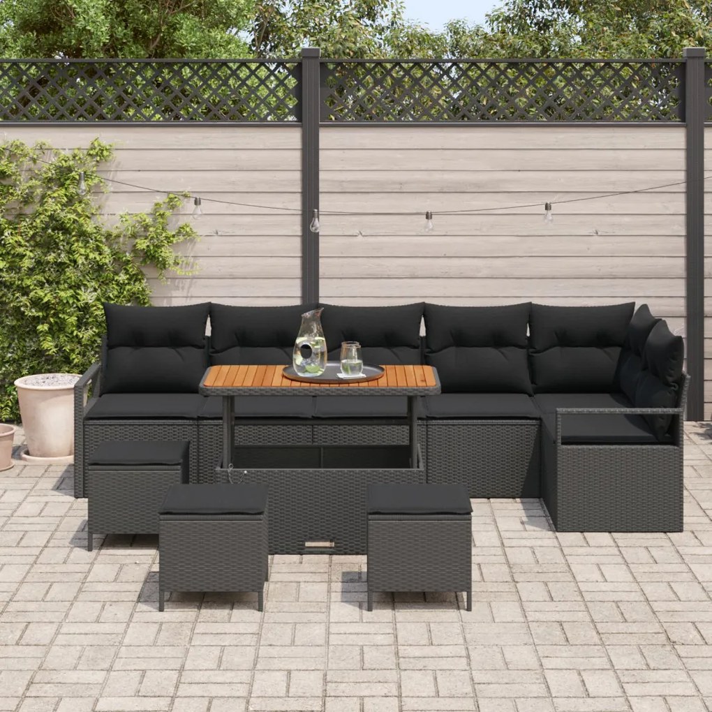 9 részes kerti kanapé szett párnákkal, fekete poli rattan akáccal, 2 fős kerti kanapé párnákkal, fekete poli rattan, 3 részes kerti étkező szett párnákkal, fekete poli rattan akáccal