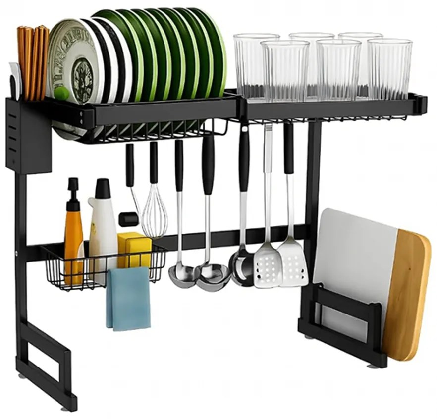 2 szintes mosogató fölé helyezhető fém konyhai edényszárító, 61 x 31,5 cm, fekete