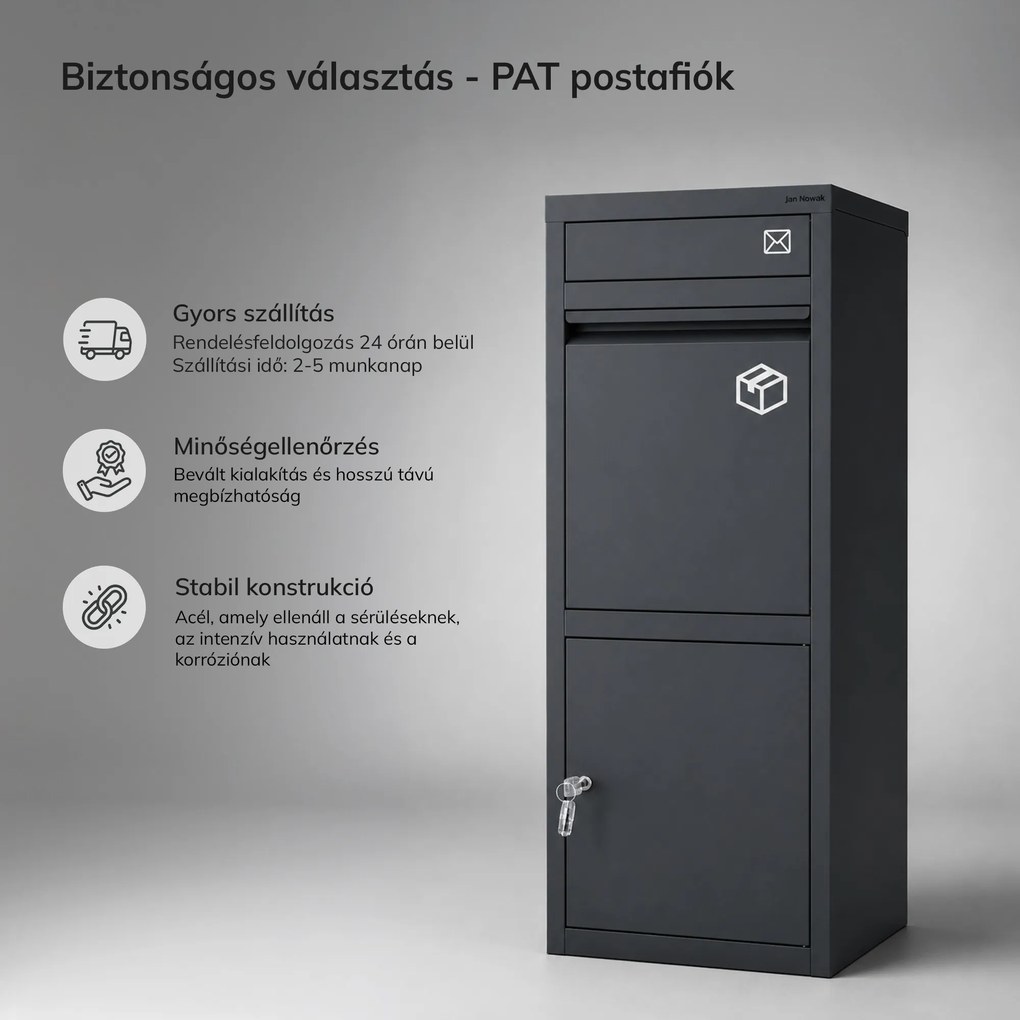 Fém csomag- és levélszekrény, kültéri, zárható, antracit: Paczkobox PAT