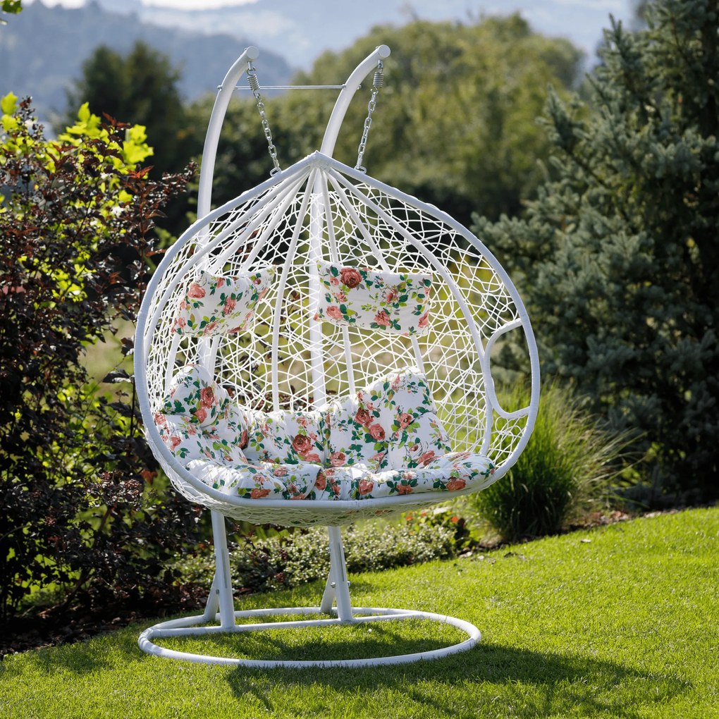 Függő dupla fotel, fehér/minta virág, DALVEA 2 NEW