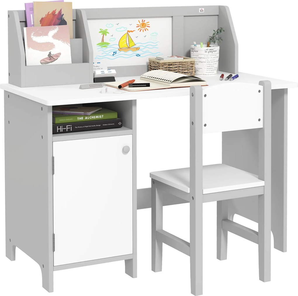 HOMCOM Gyermek íróasztal és szék szett fehér táblával, 5+ éves gyerekeknek, 90x45x85 cm, szürke | Aosom