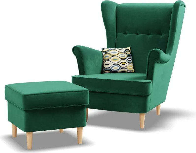 Uszak fotel, bársony, zöld