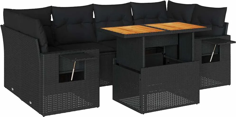 vidaXL 7 részes fekete polyrattan kerti ülőgarnitúra párnával