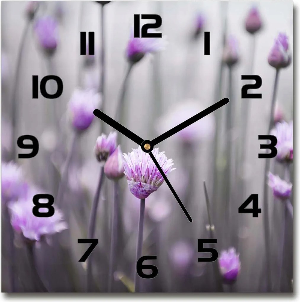 Négyzet alakú üveg falióra Metélőhagyma virágok 30x30