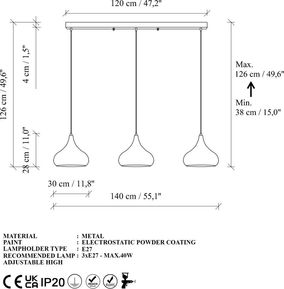 Muba 11554 fekete fém 3 izzós függőlámpa, Ø30 cm