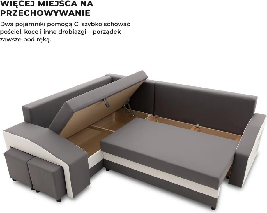 Grande sarokkanapé polcokkal és puffokkal , polc a jobb karfaban puffok a bal karfaban, baloldali, szövet anyag, bonell töltet, szürke - fehér