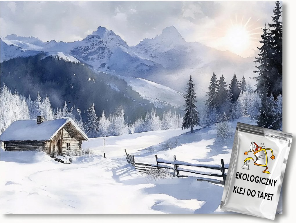 Fotótapéta Flizelina Tájkép Hegyek Erdő Kunyhó Tél Hó Fagy 254x184 ragasztó