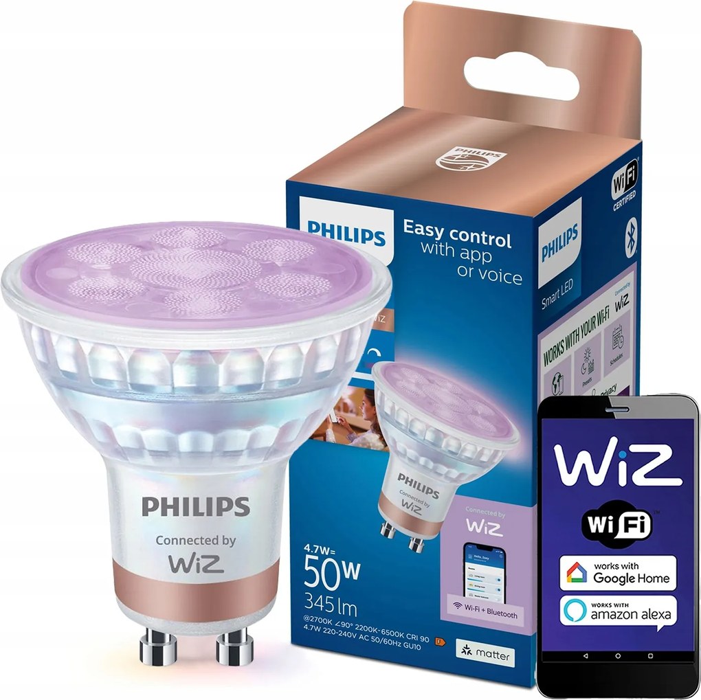 Led izzó GU10 4,7W 50W 2200-6500K Rgb 36° Smart WiFi Philips WiZ