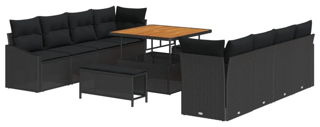 11 részes Kerti Kanapé Készlet Párnákkal Fekete Poli Rattan Akáciával, 2-Fős Kerti Kanapé Tárolóval és Párnákkal Fekete Poli Rattan, 3 részes Kerti Étkező Készlet Párnákkal Fekete Poli Rattan Akáciával