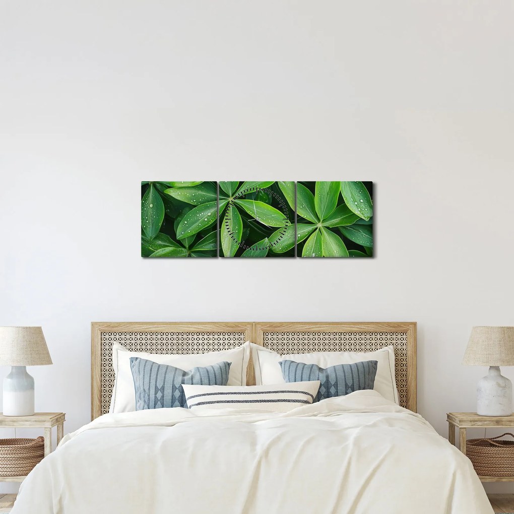 Kép - Levelek harmatcseppekkel (órával) (90x30 cm)