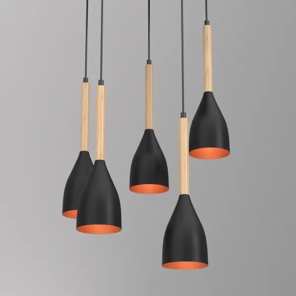 Csillár zsinóron MUZA 5xE27/15W/230V fekete/bézs/réz/bükkfa