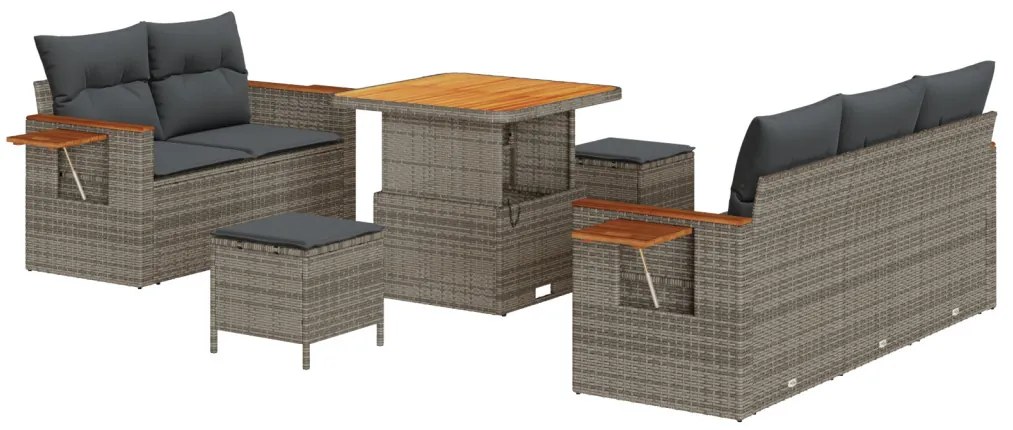 8 darabos kerti kanapészett párnákkal, szürke poli rattan akácia, 3 darabos kerti étkező szett párnákkal, szürke poli rattan akácia