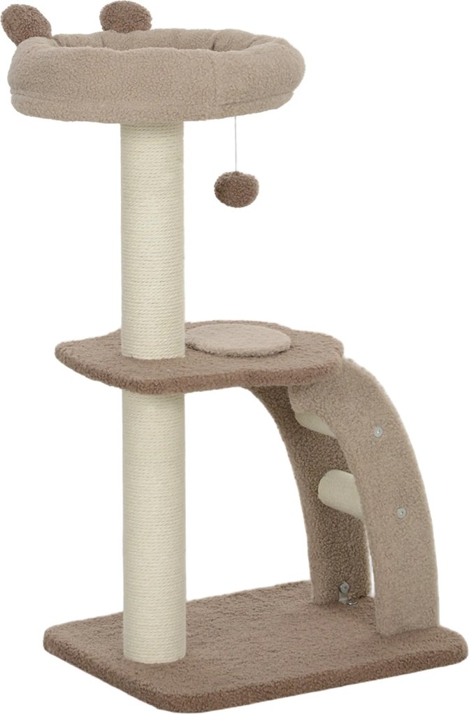 PawHut Macska Kaparófa 88 cm Magasságú Macska Torony Fészek Panelekkel, Lógó Gömbbel, Lépcsővel és Zsineges Oszloppal Barna | Aosom