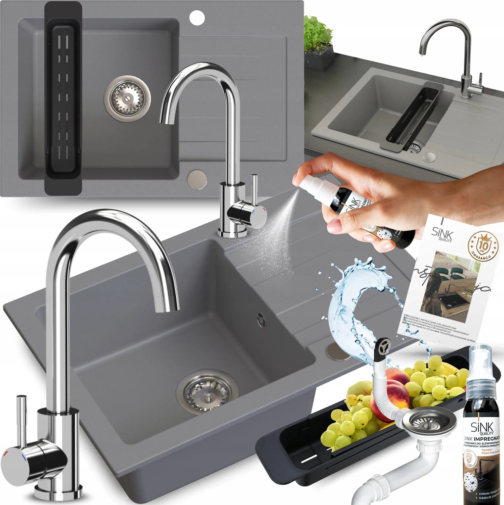 Gránit Mosogató Szett Szürke Konyhai Csaptelep Szifon Csepegtető 9in1