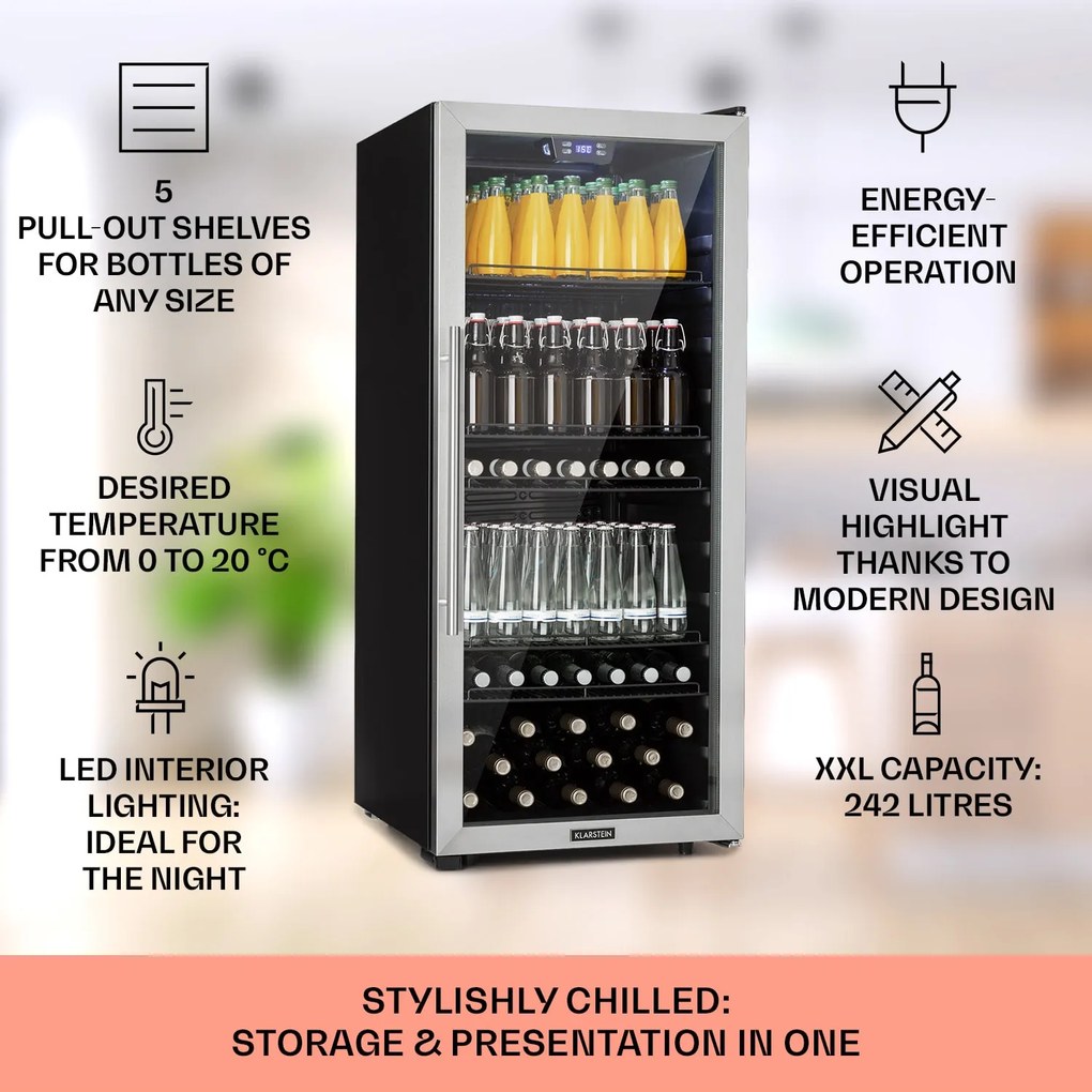 Klarstein Beersafe 7XL, hűtőszekrény, 242 liter, 5 polc, panoráma üvegajtó, rozsdamentes acél