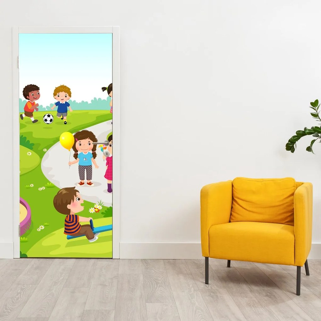 Fotótapéta ajtóra - Gyermekek szórakozása a homokozón (95x205cm)