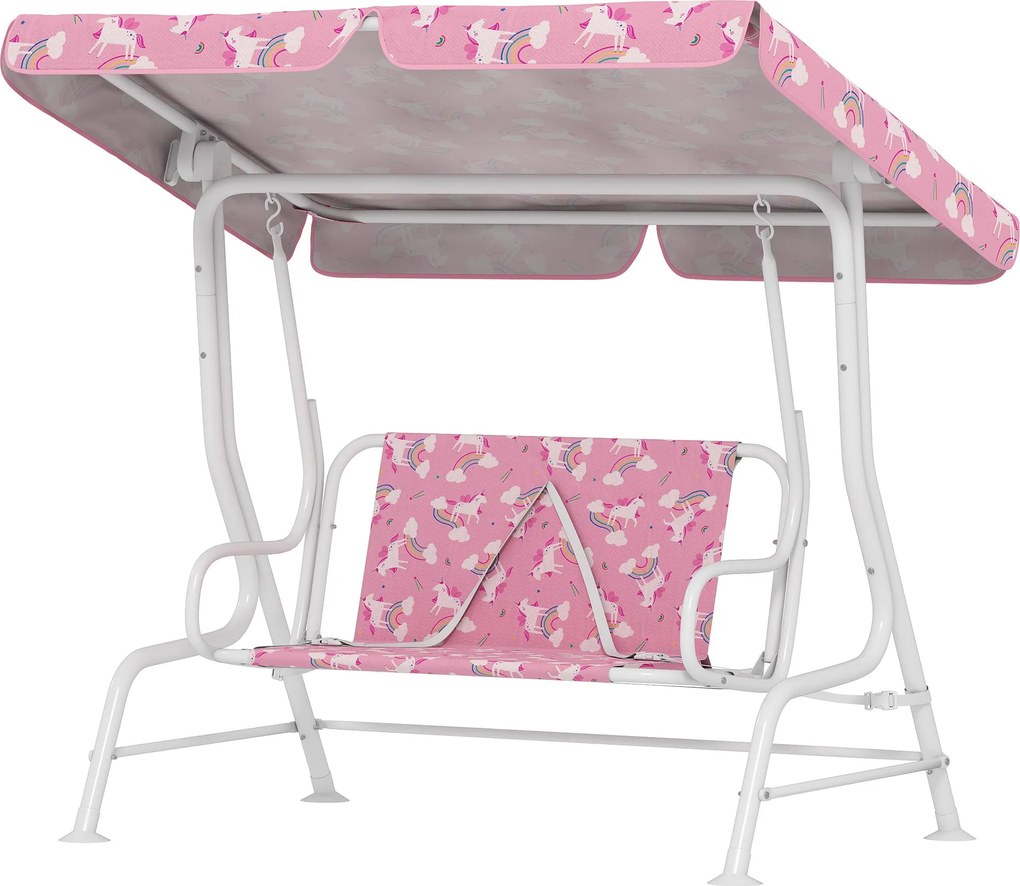 AIYAPLAY kétüléses kerti hinta állítható napellenzővel és biztonsági övekkel — Egyszarvú & Szivárvány, rózsaszín — 112 x 75 x 120 cm | Aosom