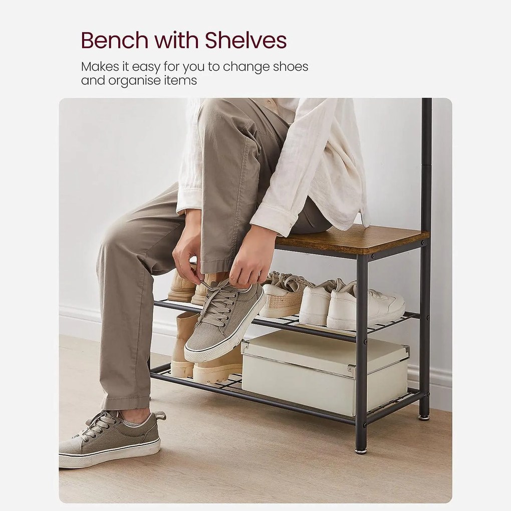 Kabáttartó, ruhafogas cipőtárolóval, rusztikus barna