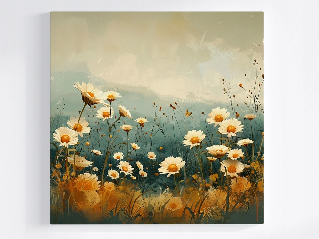 Vászonkép Canvas Rét Virágok Margaréták Pasztell Retro Tájkép 80x80
