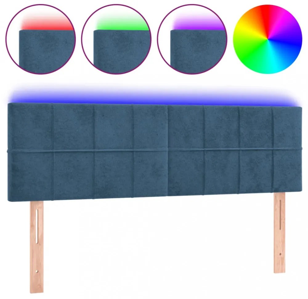 sötétkék bársony LED-es fejtámla 144x5x78/88 cm