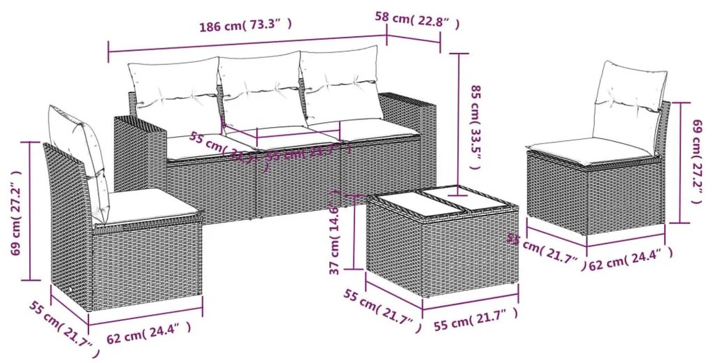 6 részes szürke polyrattan kerti ülőgarnitúra párnákkal