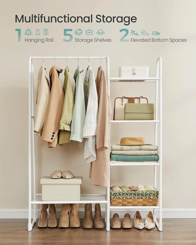 SONGMICS Ruhatartó állvány, ruharúddal és 5 tárolópolccal 40×101×153 cm, fehér