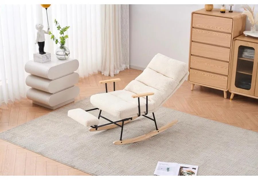 Hintaszék fa lábakkal, plüss szövettel, 4 fokozatban állítható háttámlával,  krémfehér