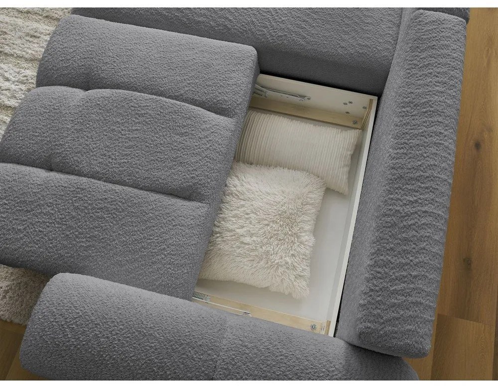 Szürke buklé kinyitható-tárolóhelyes sarokkanapé (bal oldali-heverő résszel) Roxelane – Bobochic Paris