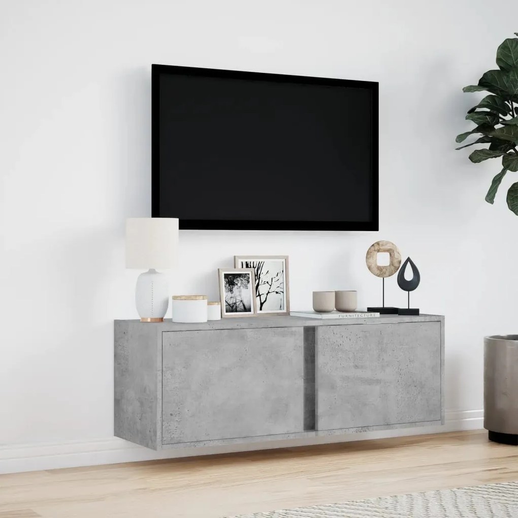 betonszürke falra szerelhető TV-szekrény LED-del 100x31x35 cm