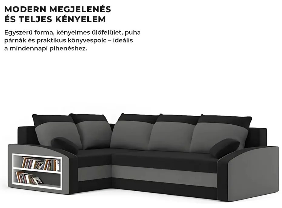 Grande sarokkanapé polcokkal , polc a bal karfaban, baloldali, szövet anyag, bonell töltet, fekete - szürke