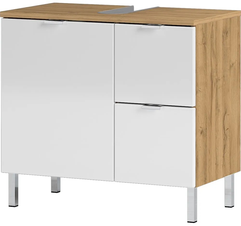 Mauresa fehér szekrény tölgyfa díszítéssel a mosdó alá, szélesség 60 cm - Germania