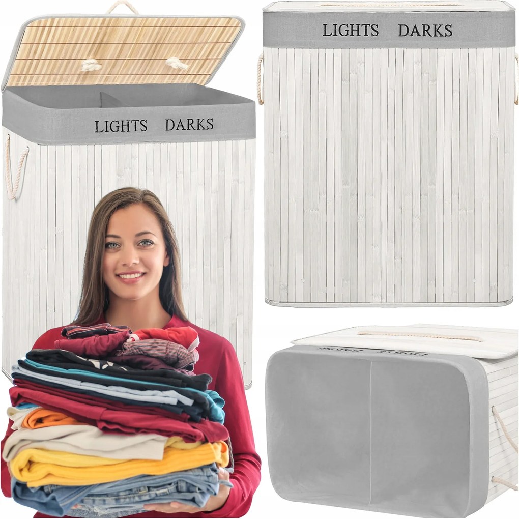 Bambusz Szennyestartó Kosár Kétrekeszes Fedéllel Nagy 105L