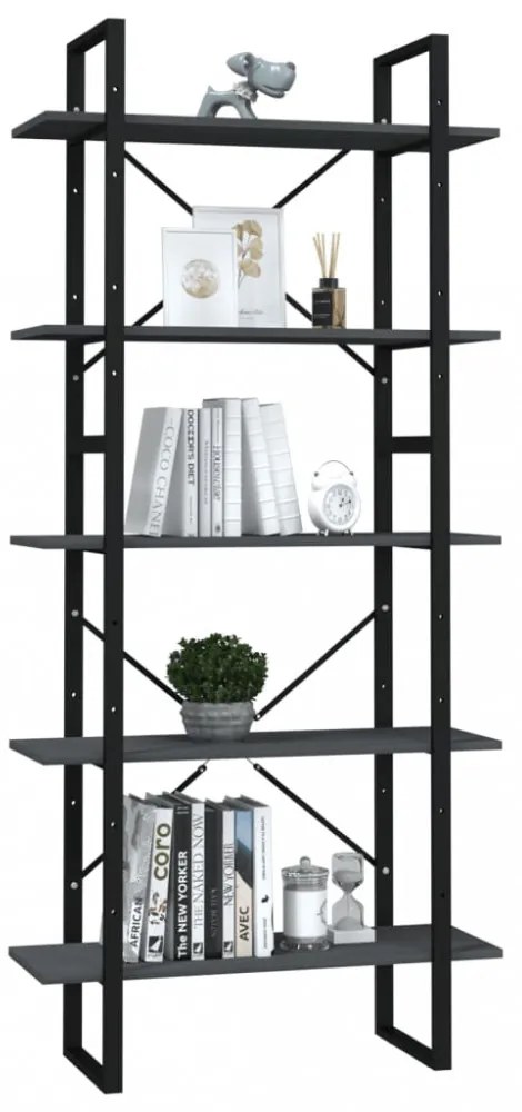 ötszintes szürke fenyőfa könyvszekrény 80 x 30 x 175 cm