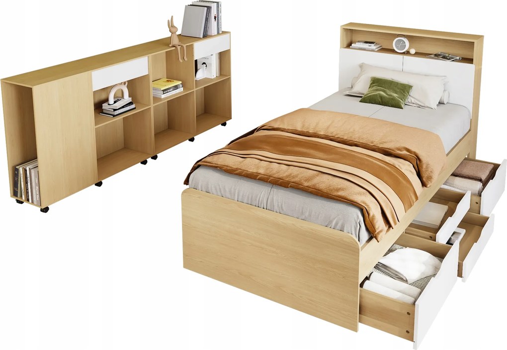 Egyszemélyes ágy 4 fiókkal 90x200 cm tároló szekrény tölgy