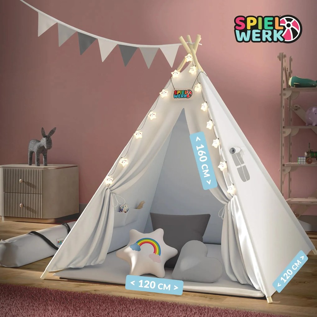 Spielwerk® Teepee gyereksátor 160x120x120cm - fehér