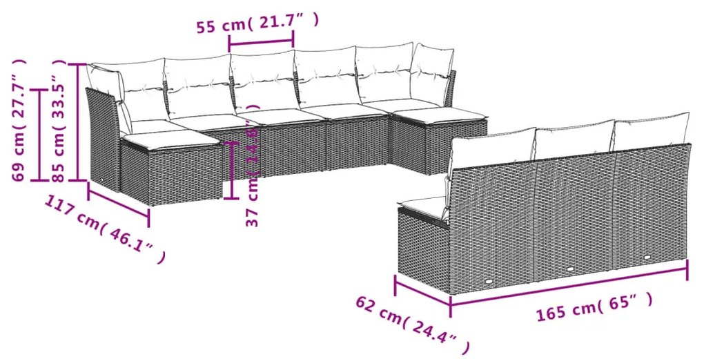 10 részes szürke polyrattan kerti ülőgarnitúra párnákkal