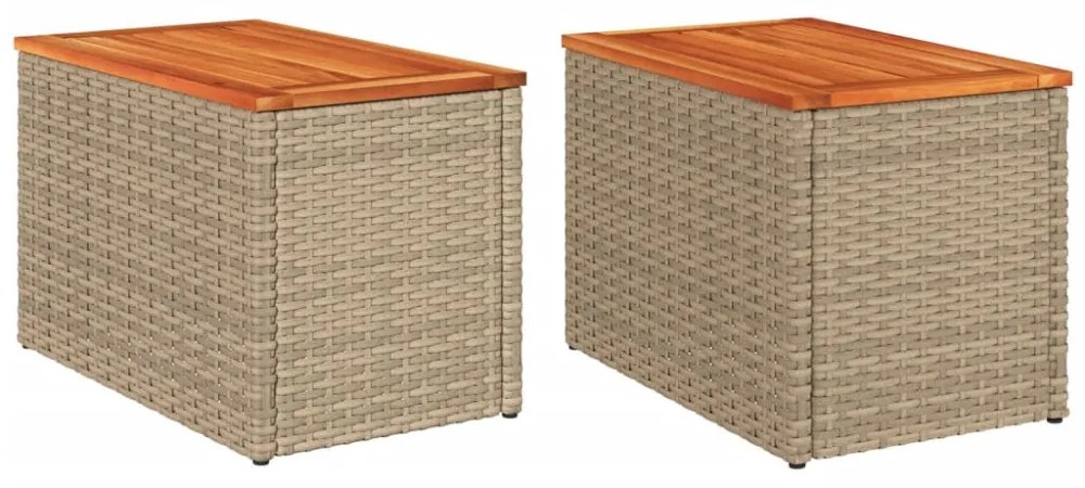 2 db bézs polyrattan és tömör fa kerti kisasztal 55x34x37 cm