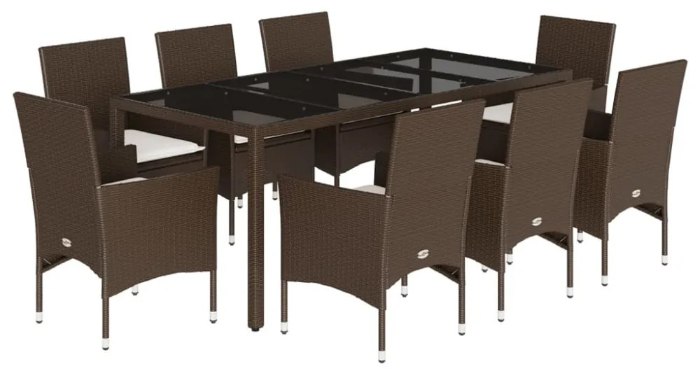 9 részes barna polyrattan/üveg kerti étkezőgarnitúra párnákkal
