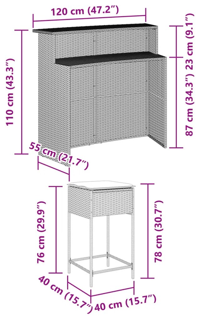 vidaXL 3 részes fekete polyrattan kerti bárszett párnával