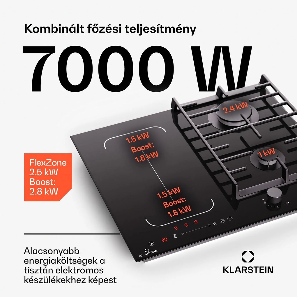 Klarstein MultiChef 4, indukciós és gáz tűzhely, 4 főzőzóna, 2 gázégő, 2 indukciós főzőlap, FlexZone