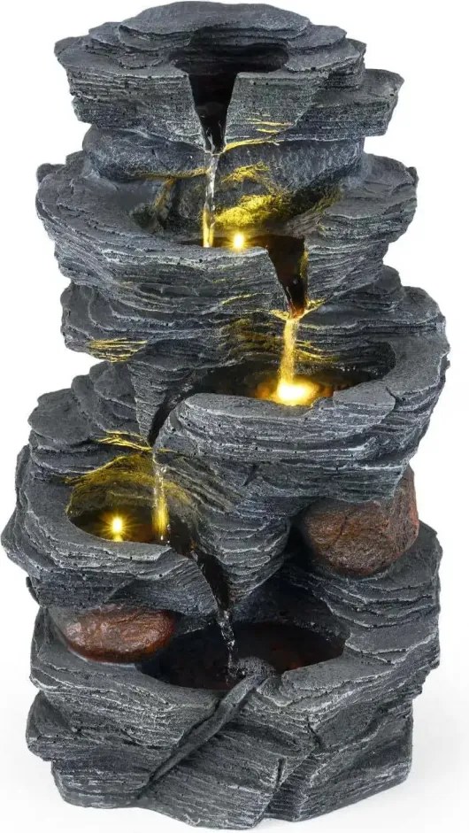 Kerti szökőkút LED világítással, 5-szintes gyantából készült szökőkút, 27 x 20,5 x 45,5 cm