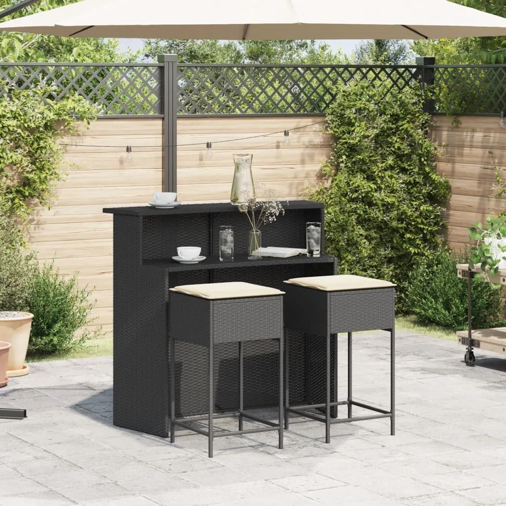 vidaXL 3 részes fekete polyrattan kerti bárszett párnával